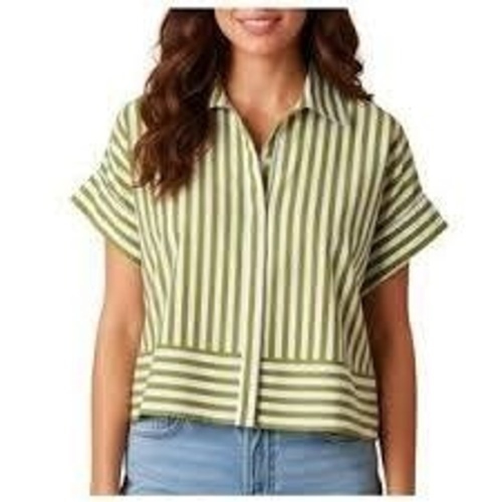 Hope & Harlow Button Down Shirt Striped Cuffed Sleeve Size M Green White